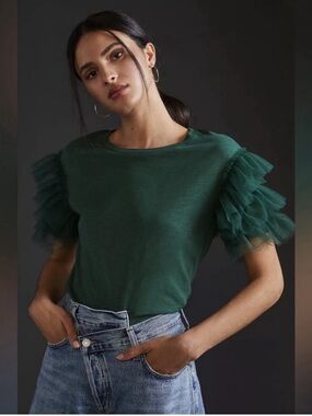 Anthropologie Lea & Viola Ruffle Tulle Sleeve Top Green Size Xs